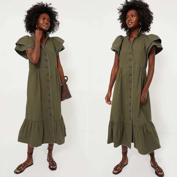 Tuckernuck NEW Olive Green Alice Puff Sleeve Collared Classic Midi Dress XXS - Picture 1 of 9
